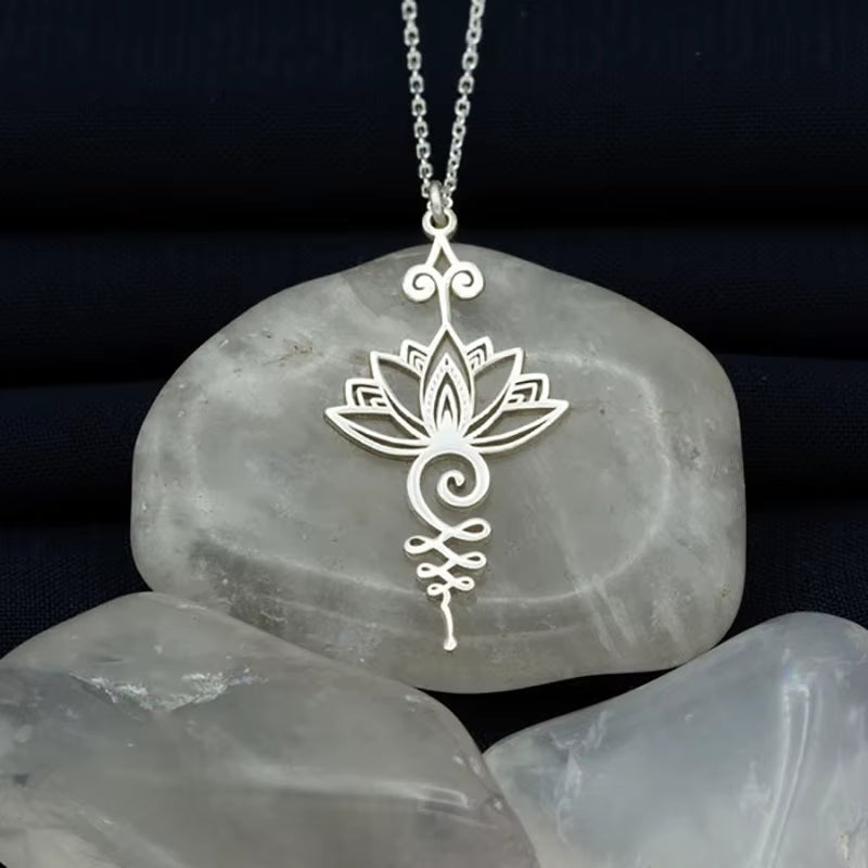 Luminous Lotus Pendant Necklaces Women Men Retro Fluorescent Stone Pendant Alloy Chain Necklace Healing Yoga Jewelry Gifts