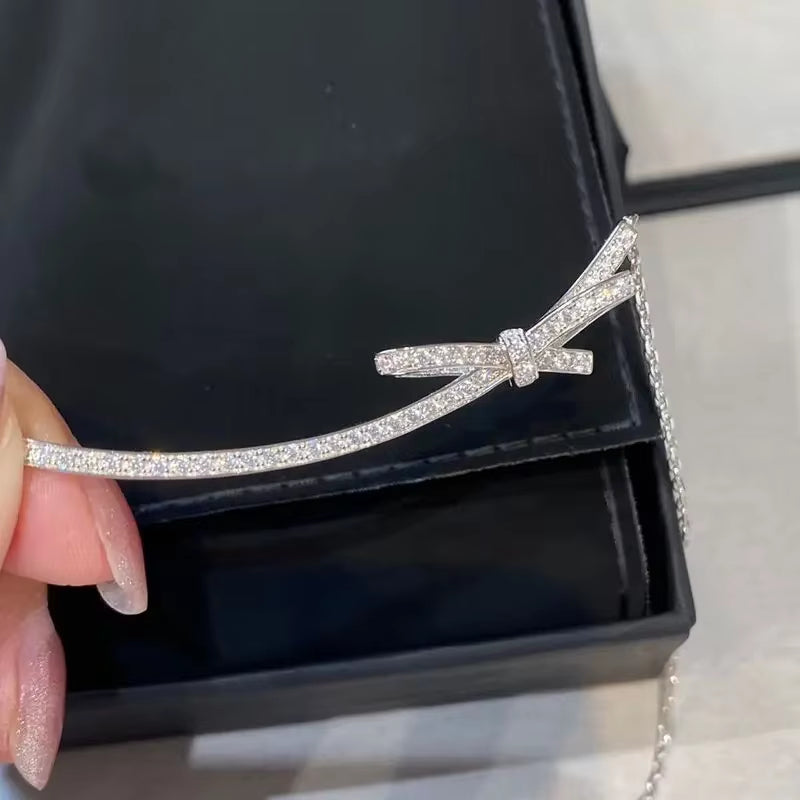 Exquisite Luxury Women 925 Sterling Silver Necklace Elegant Bow Full Smile Zircon Clavicle Sweater Chain Women Necklace