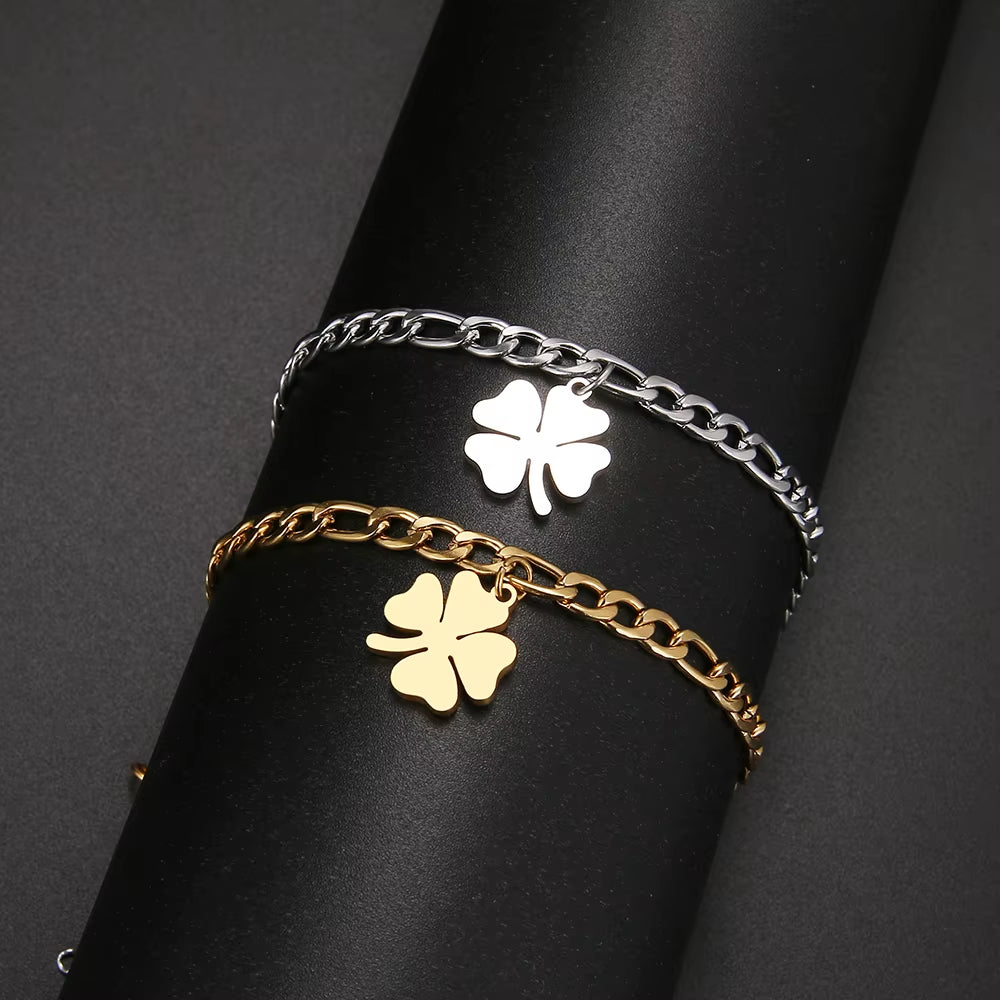 316L Stainless Steel Bracelet Curb Cuban Link Gold Color Chain Clover Fashion Bracelets for Men Women Jewelry Gifts