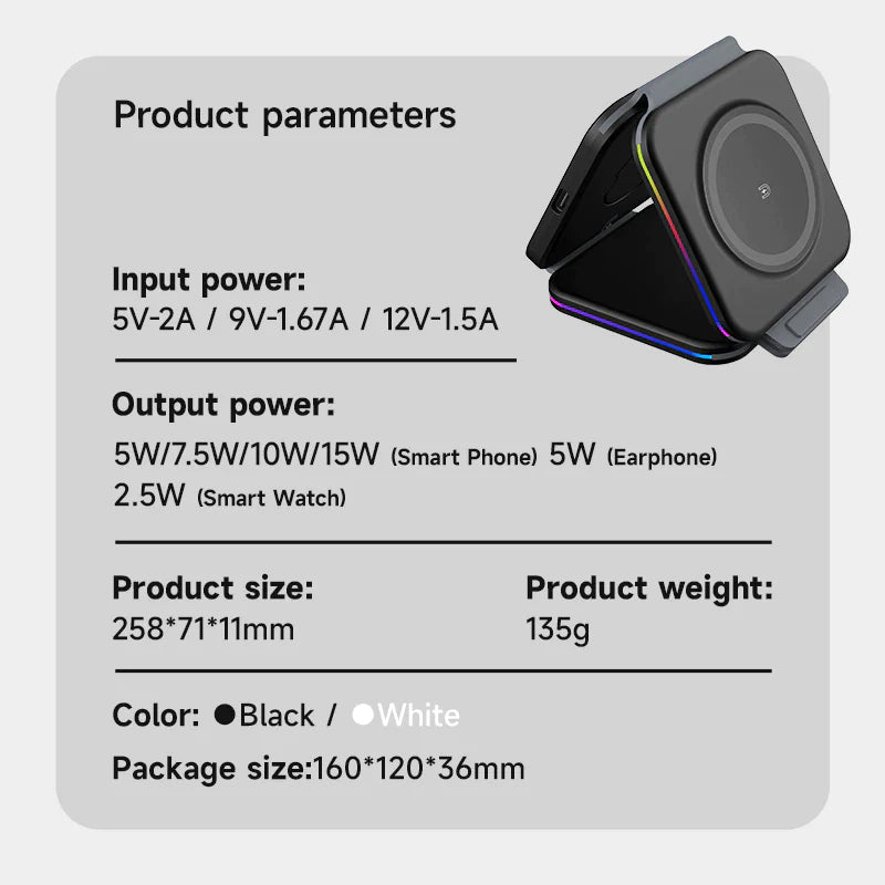 3 in 1 Foldable Magnetic Wireless Charger for Iphone 14 13 12 11 Pro Max Portable Wireless Charger for Apple Watch 8 7 6 Airpods