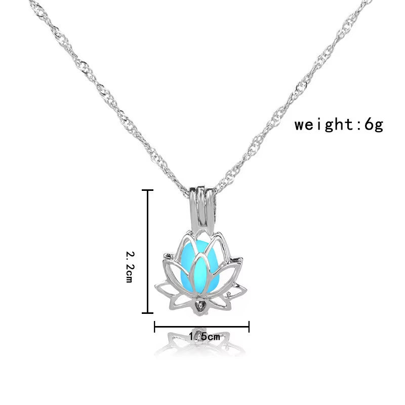 Luminous Lotus Pendant Necklaces Women Men Retro Fluorescent Stone Pendant Alloy Chain Necklace Healing Yoga Jewelry Gifts