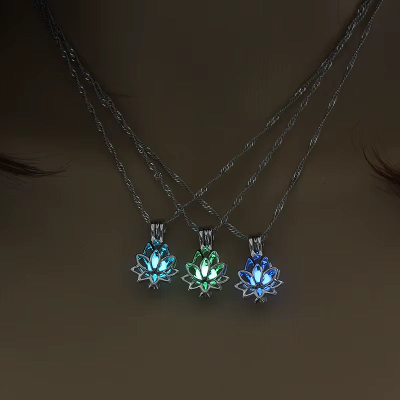 Luminous Lotus Pendant Necklaces Women Men Retro Fluorescent Stone Pendant Alloy Chain Necklace Healing Yoga Jewelry Gifts