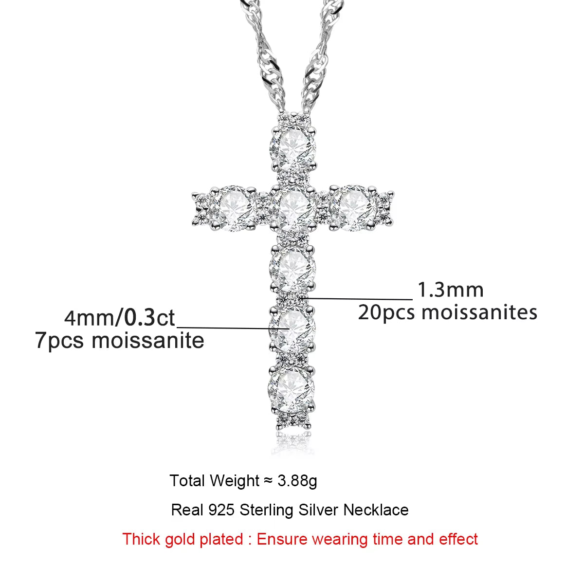 Anujewel 4MM 2.1 Carat D Color Moissanite Diamond Cross Pendant Necklace 925 Sterling Silver 18K Gold Plated Customs Jewelry