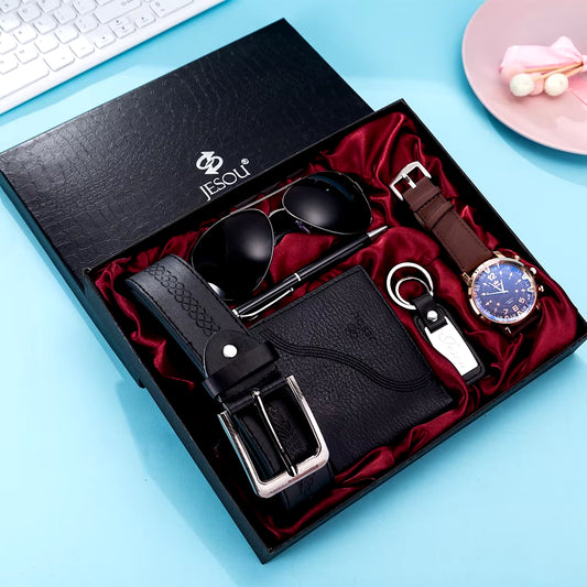 New 6Pcs/Set Fashion Mens Watches Set Gift Box Glasses Wallet Belt Pen Keychain Wristwatch Set Best Gifts Luxury Watch for Men