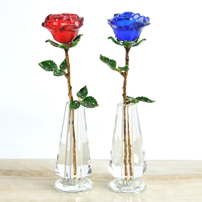 Crystal Glass Rose Flower Figurines Craft Wedding Valentine'S Day Gifts X'Mas Gifts Wedding Home Table Decoration Ornament