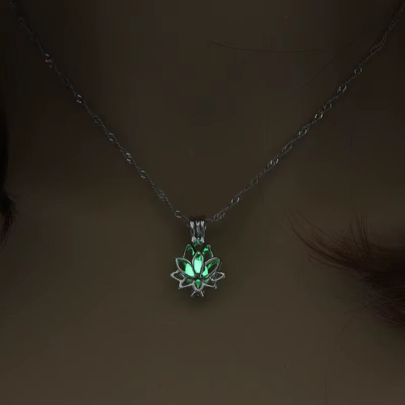 Luminous Lotus Pendant Necklaces Women Men Retro Fluorescent Stone Pendant Alloy Chain Necklace Healing Yoga Jewelry Gifts