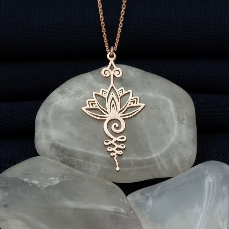 Luminous Lotus Pendant Necklaces Women Men Retro Fluorescent Stone Pendant Alloy Chain Necklace Healing Yoga Jewelry Gifts